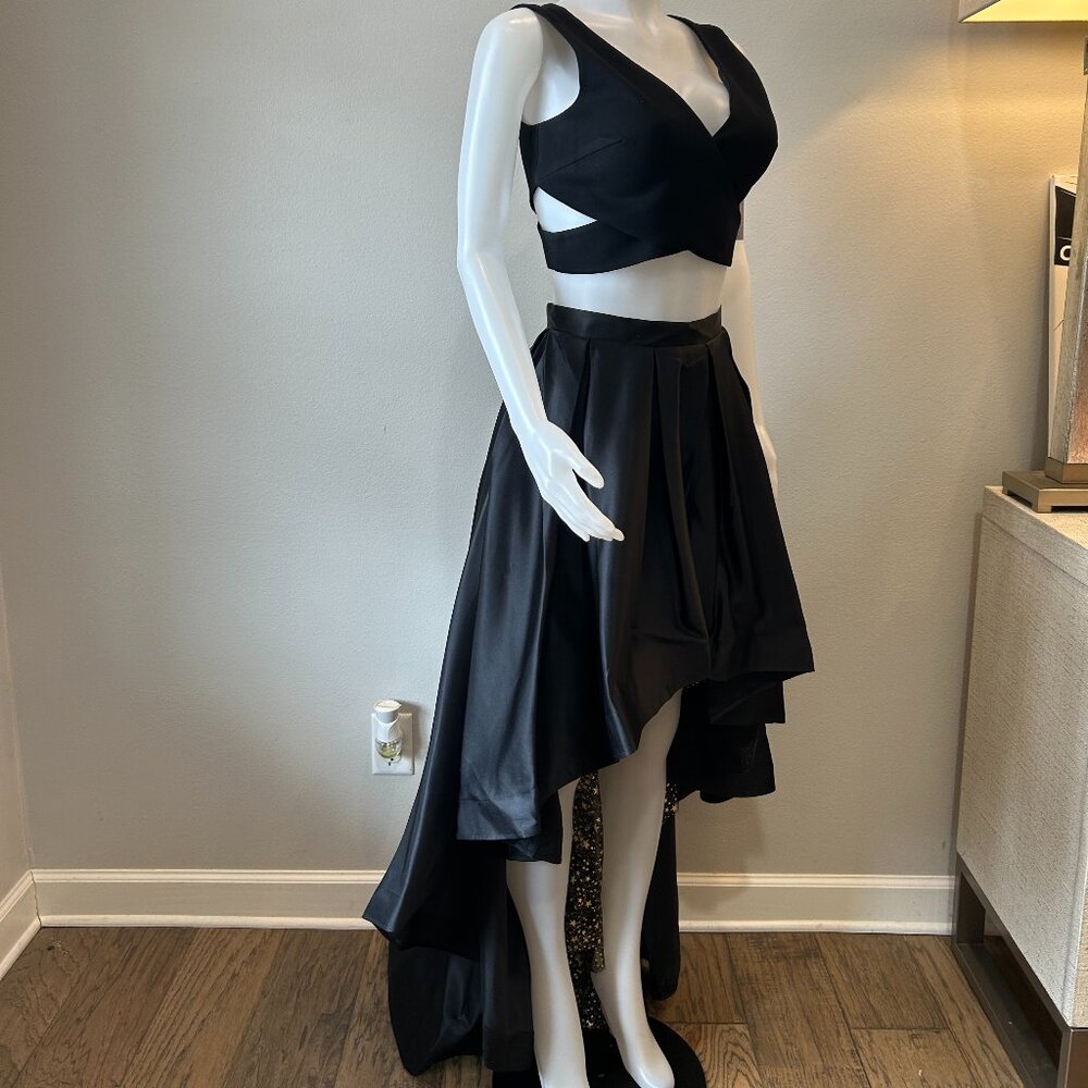 Alyce Paris 2 Piece Black Crop Top Starry Lined Satin Skirt Black